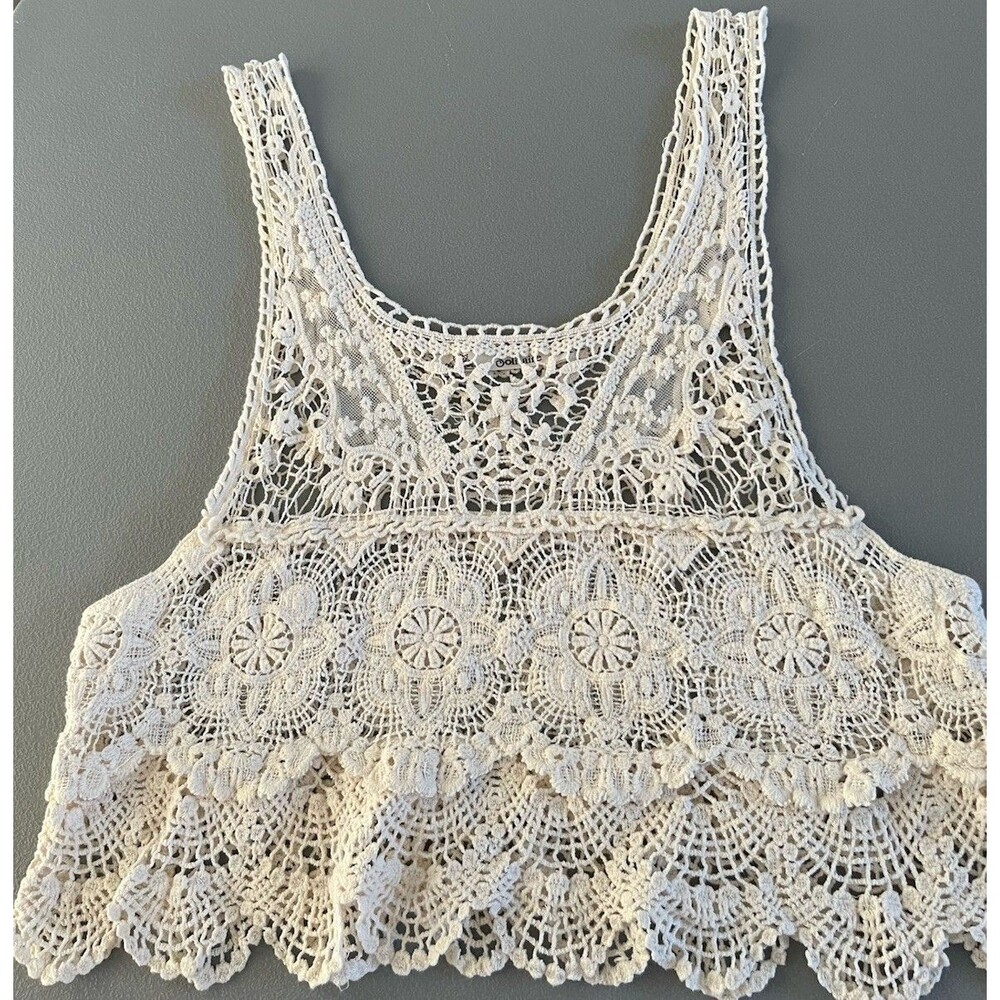 Solitaire Women’s Crotchet Tank Top Large Ivory Floral Embroidery Scalloped Hem